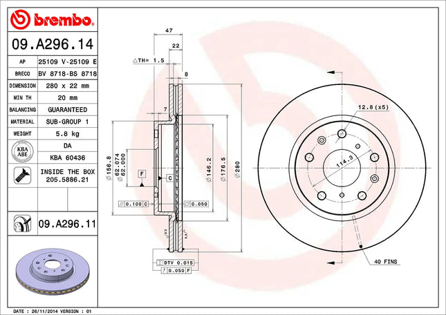 Brembo 09A29611 Front Brake Disc - official Brembo product image