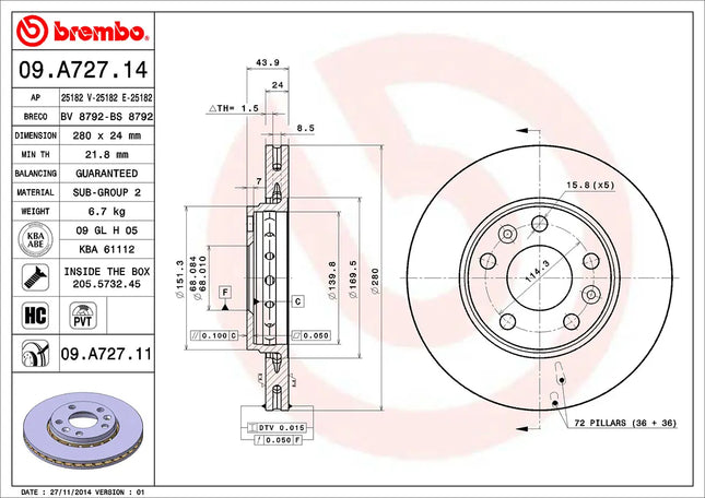 Brembo 09A72711 Front Brake Disc - official Brembo product image