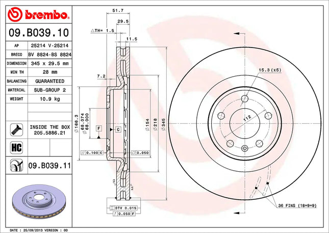 Brembo 09B03911 Front Brake Disc - official Brembo product image