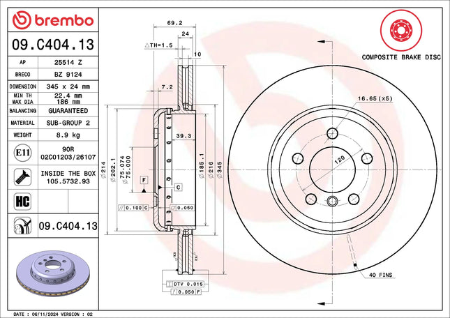 Brembo 09C40413 Rear Brake Disc - official Brembo product image