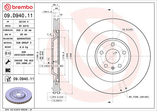 Brembo 09D94011 Rear Brake Disc - official Brembo product image