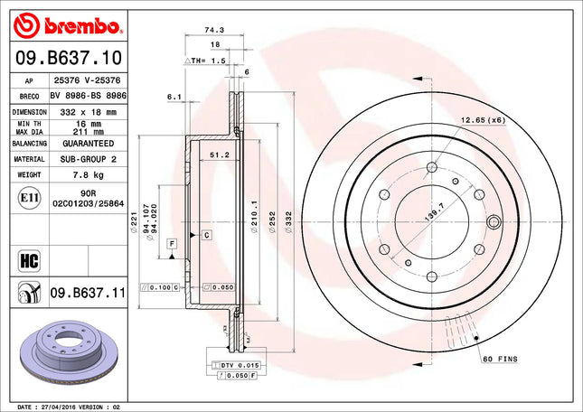 Brembo 09B63711 Rear Brake Disc - official Brembo product image
