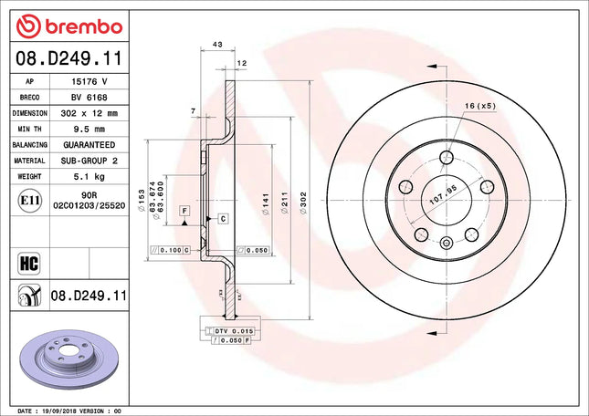 Brembo 08D24911 Rear Brake Disc - official Brembo product image