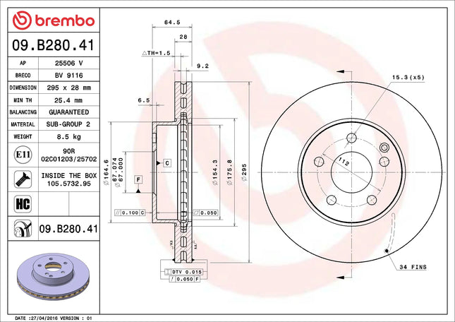 Brembo 09B28041 Front Brake Disc - official Brembo product image