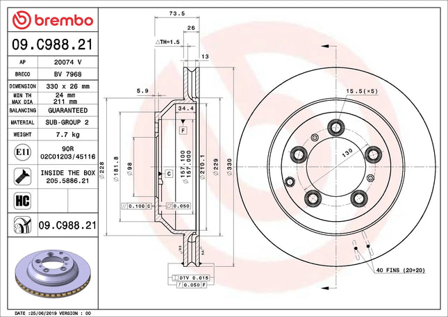 Brembo 09C98821 Rear Brake Disc - official Brembo product image