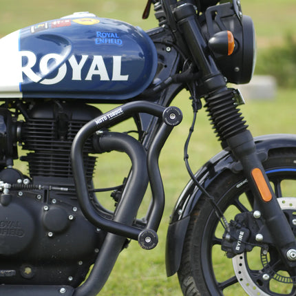 Moto Torque Bull Crash Guard installed on Royal Enfield Hunter 350 side view
