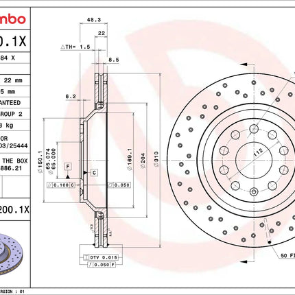 Brembo 09A2001X Rear Brake Disc - official Brembo product image