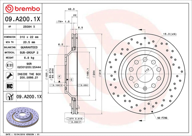 Brembo 09A2001X Rear Brake Disc - official Brembo product image