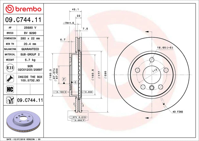 Brembo 09C74411 Front Brake Disc - official Brembo product image