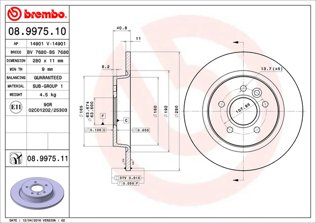 Brembo 08997511 Rear Brake Disc - official Brembo product image