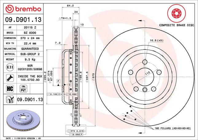 Brembo 09D90113/09D90113 Rear Brake Disc - official Brembo product image