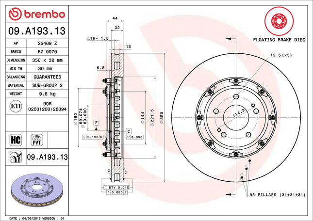 Brembo 09A19313 Front Brake Disc - official Brembo product image