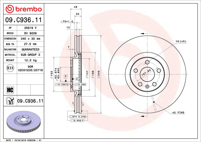 Brembo 09C93611 Front Brake Disc - official Brembo product image