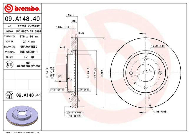 Brembo 09A14841 Front Brake Disc - official Brembo product image