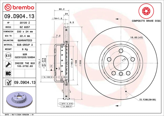Brembo 09D90413 Front Brake Disc - official Brembo product image