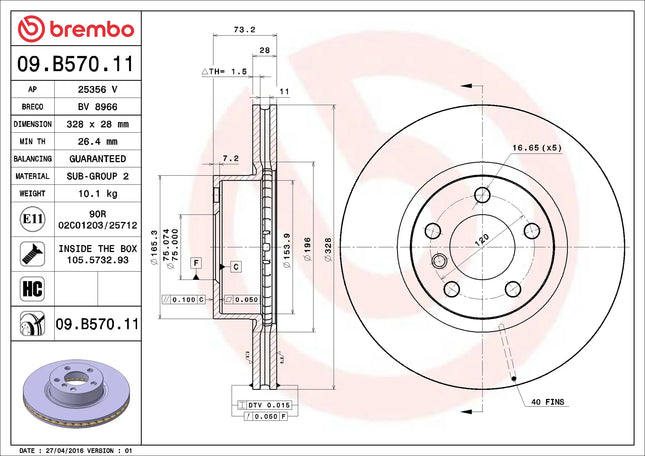 Brembo 09B57011 Front Brake Disc - official Brembo product image