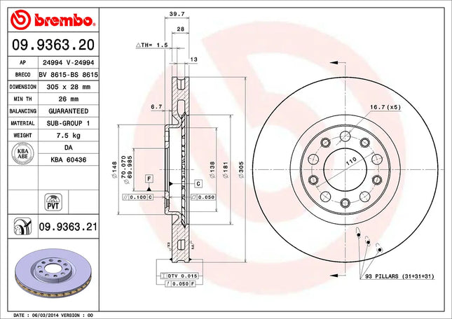 Brembo 09936321 Front Brake Disc - official Brembo product image