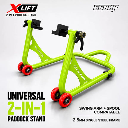 66BHP X-Lift Universal 2-in-1 Motorcycle Paddock Stand Green