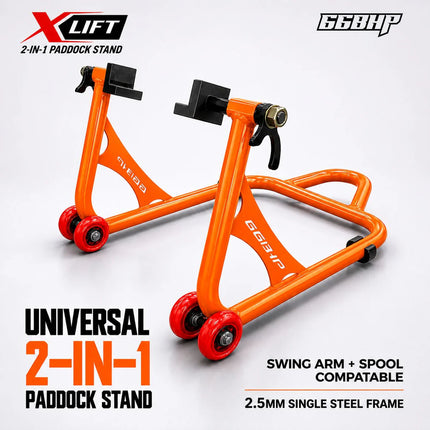 66BHP X-Lift Universal 2-in-1 Motorcycle Paddock Stand orange