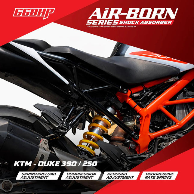 66BHP Air Born suspension KTM Duke 390 Gen 2 rear shock installed