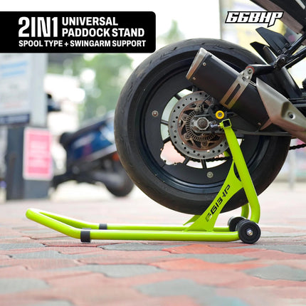 66BHP Universal Motorcycle Paddock Stand – 2-in-1 Swingarm & Spool Support – view 4