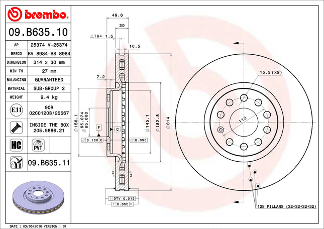 Brembo 09B63511 Front Brake Disc - official Brembo product image