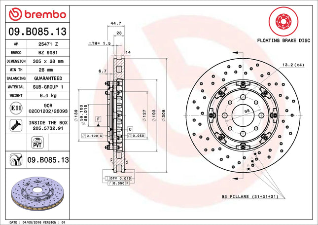 Brembo 09B08513 Front Brake Disc - official Brembo product image