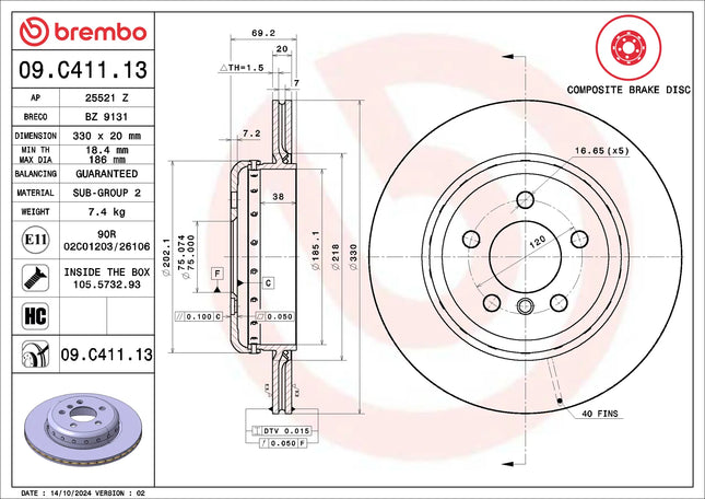 Brembo 09C41113 Rear Brake Disc - official Brembo product image