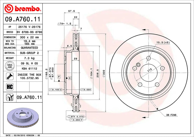 Brembo 09A76011 Rear Brake Disc - official Brembo product image
