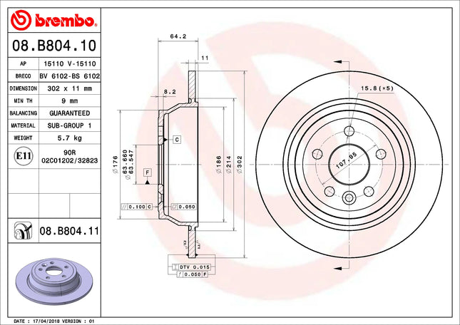 Brembo 08B80411 Rear Brake Disc - official Brembo product image