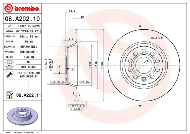 Brembo 08A20211 Rear Brake Disc - official Brembo product image