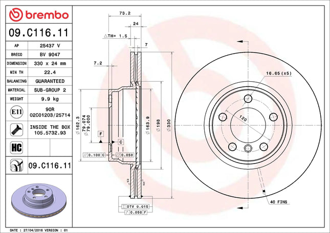 Brembo 09C11611 Front Brake Disc - official Brembo product image