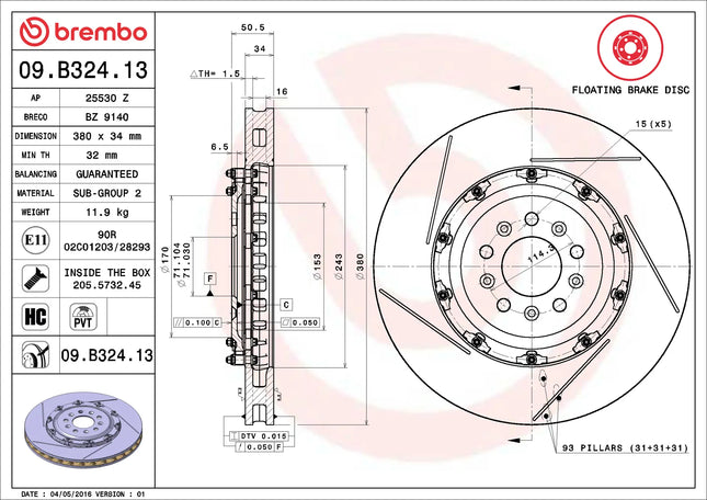 Brembo 09B32413 Front Brake Disc - official Brembo product image