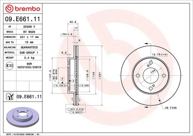 Brembo 09E66111 Front Brake Disc - official Brembo product image
