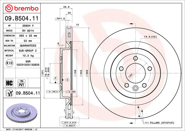 Brembo 09B50411 Rear Brake Disc - official Brembo product image