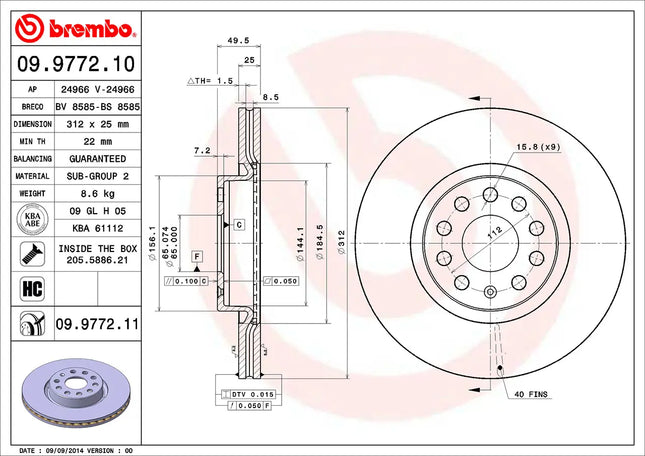 Brembo 09977211 Front Brake Disc - official Brembo product image