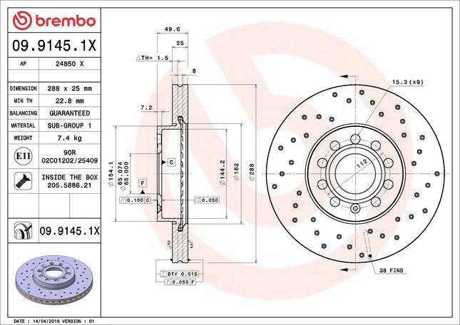 Brembo 0991451X Front Brake Disc - official Brembo product image