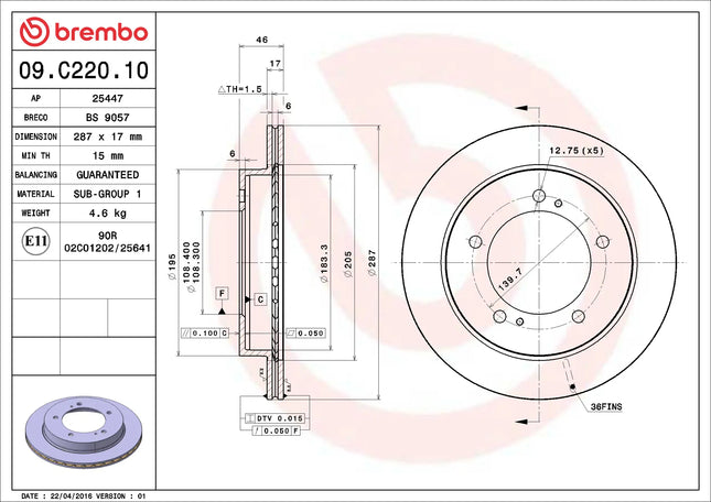 Brembo 09C22010 Front Brake Disc - official Brembo product image