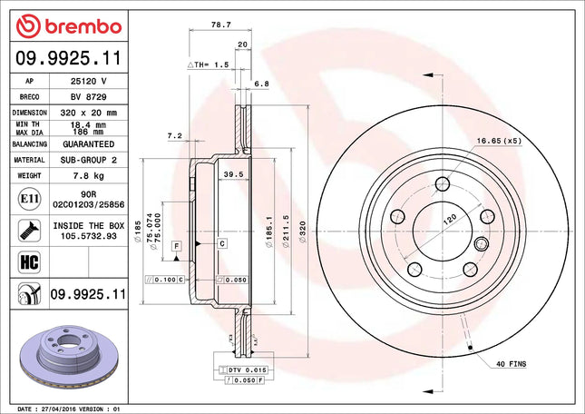 Brembo 09992511 Rear Brake Disc - official Brembo product image