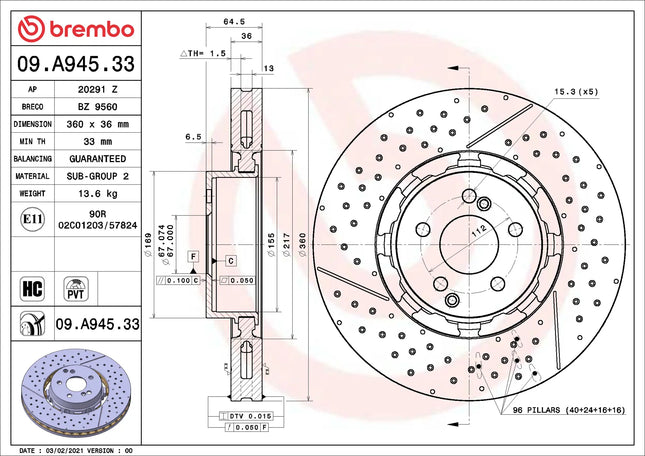 Brembo 09A94533 Front Brake Disc - official Brembo product image