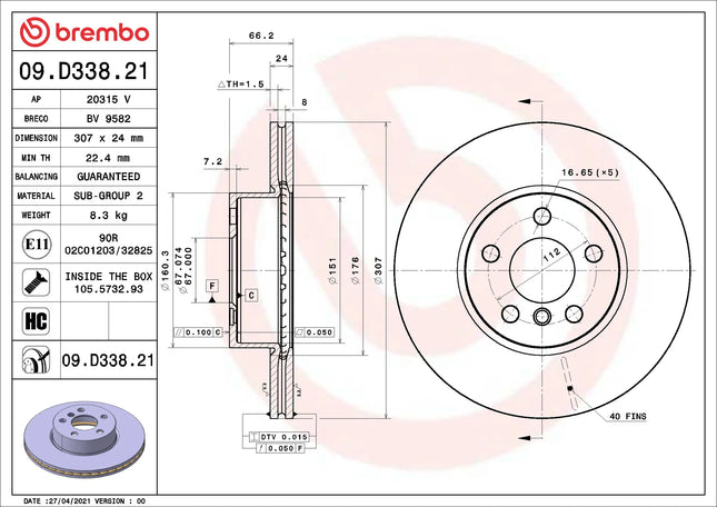Brembo 09D33821 Front Brake Disc - official Brembo product image