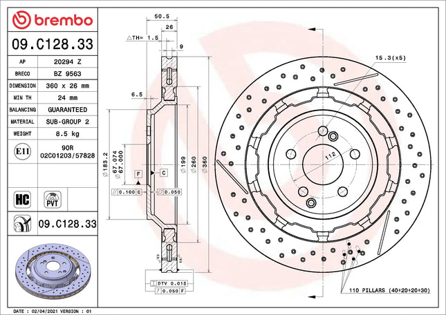 Brembo 09C12833 Rear Brake Disc - official Brembo product image