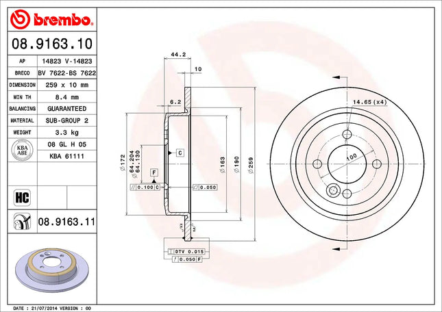 Brembo 08916311 Rear Brake Disc - official Brembo product image