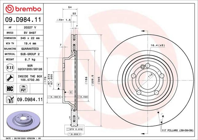 Brembo 09D98411 Rear Brake Disc - official Brembo product image
