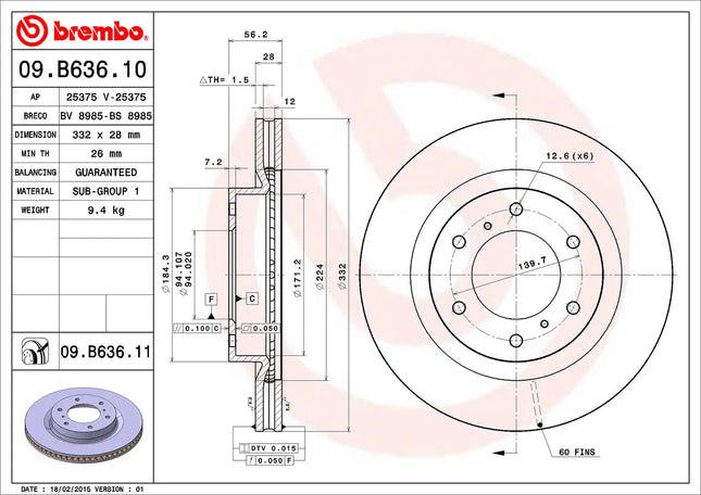 Brembo 09B63611 Front Brake Disc - official Brembo product image