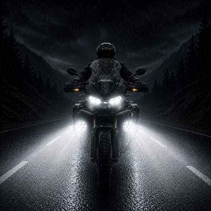 66BHP Valkyrie auxiliary light throwing 13,200 lumens on a night road