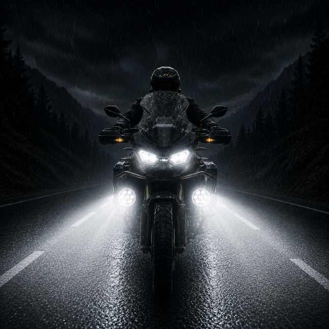 66BHP Valkyrie auxiliary light throwing 13,200 lumens on a night road