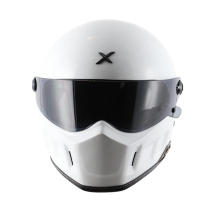 White helmet with a visor and brand logo on a white background
