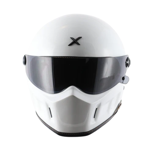White helmet with a visor and brand logo on a white background
