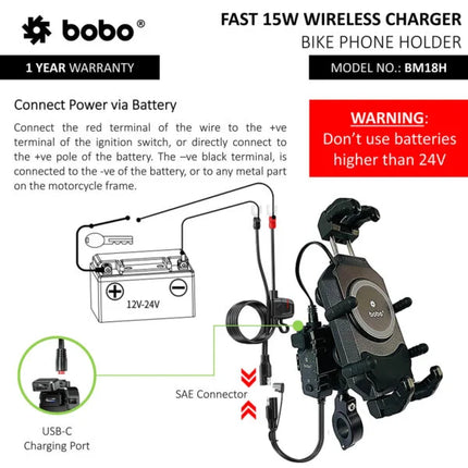 BOBO BM18 PRO Anti-Theft Motorcycle Phone Mount with 15W Wireless & USB-C Charging, image 6